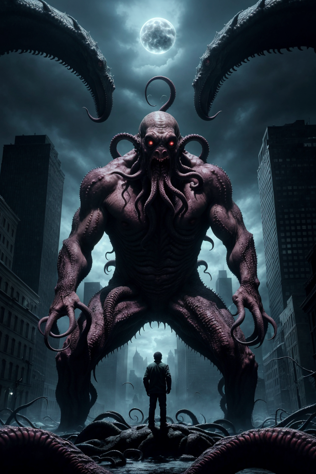 epic lovecraft theme, giant cthulhu (looks down:1.1) BREAK small angry man looks up, monsters from deep, tentacles, horror...